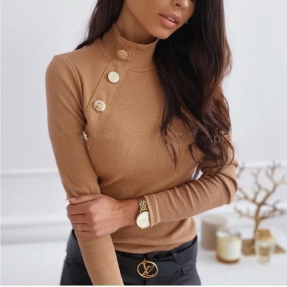 Zara Beige Ribbed Slightly Cropped Gold Hardware Mockneck Sweater Size Small